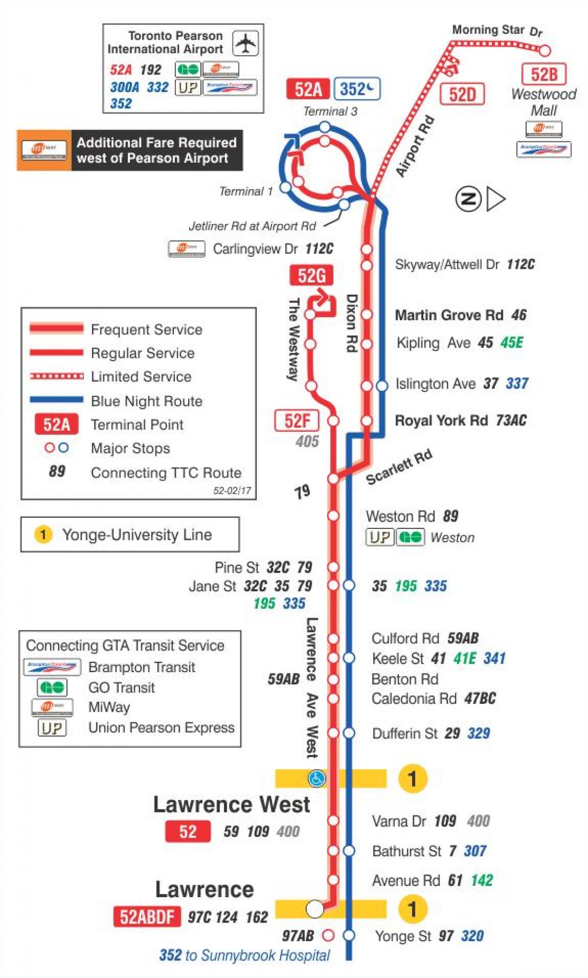 Kaart van TTC 52 Lawrence West bus route Toronto