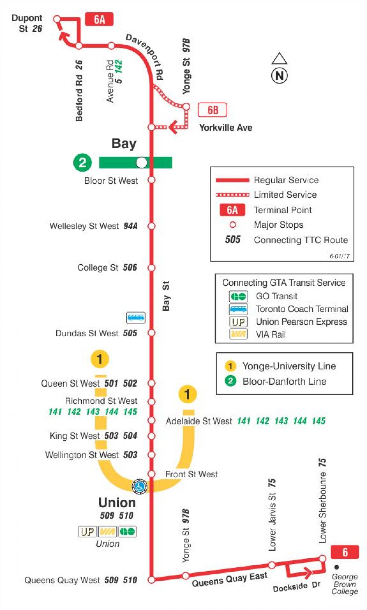 Kaart van TTC 6 Bay bus route Toronto