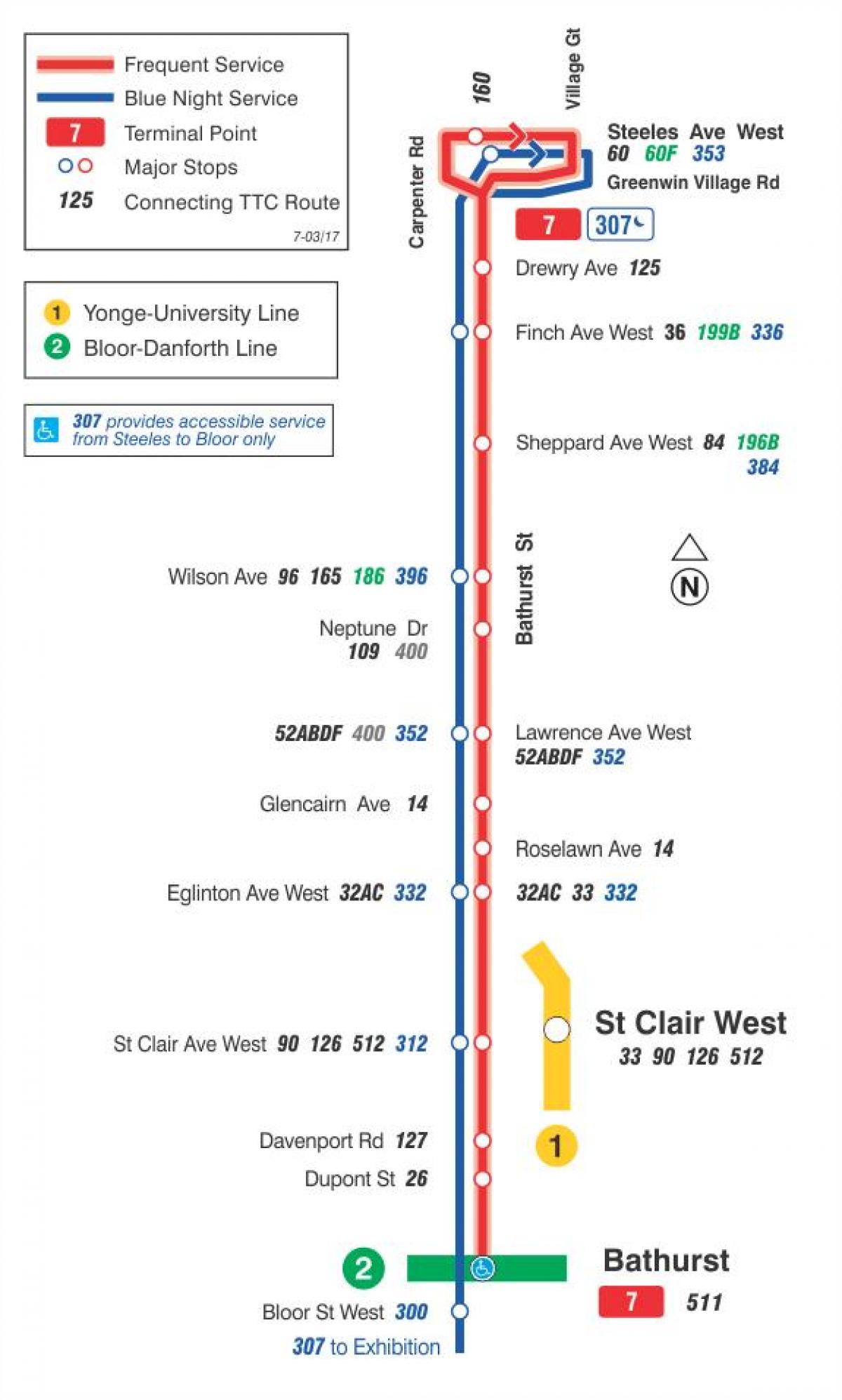 Kaart van TTC 7 Bathurst bus route Toronto