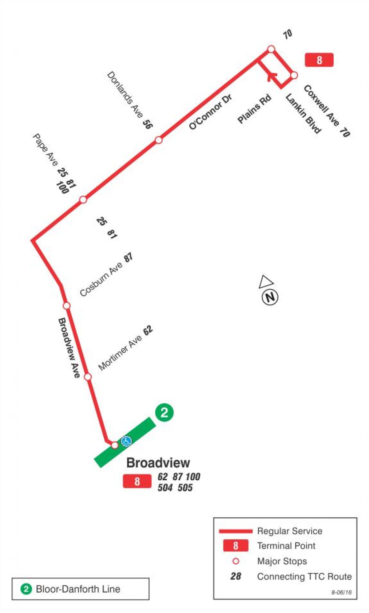 Kaart van TTC 8 Broadview bus route Toronto