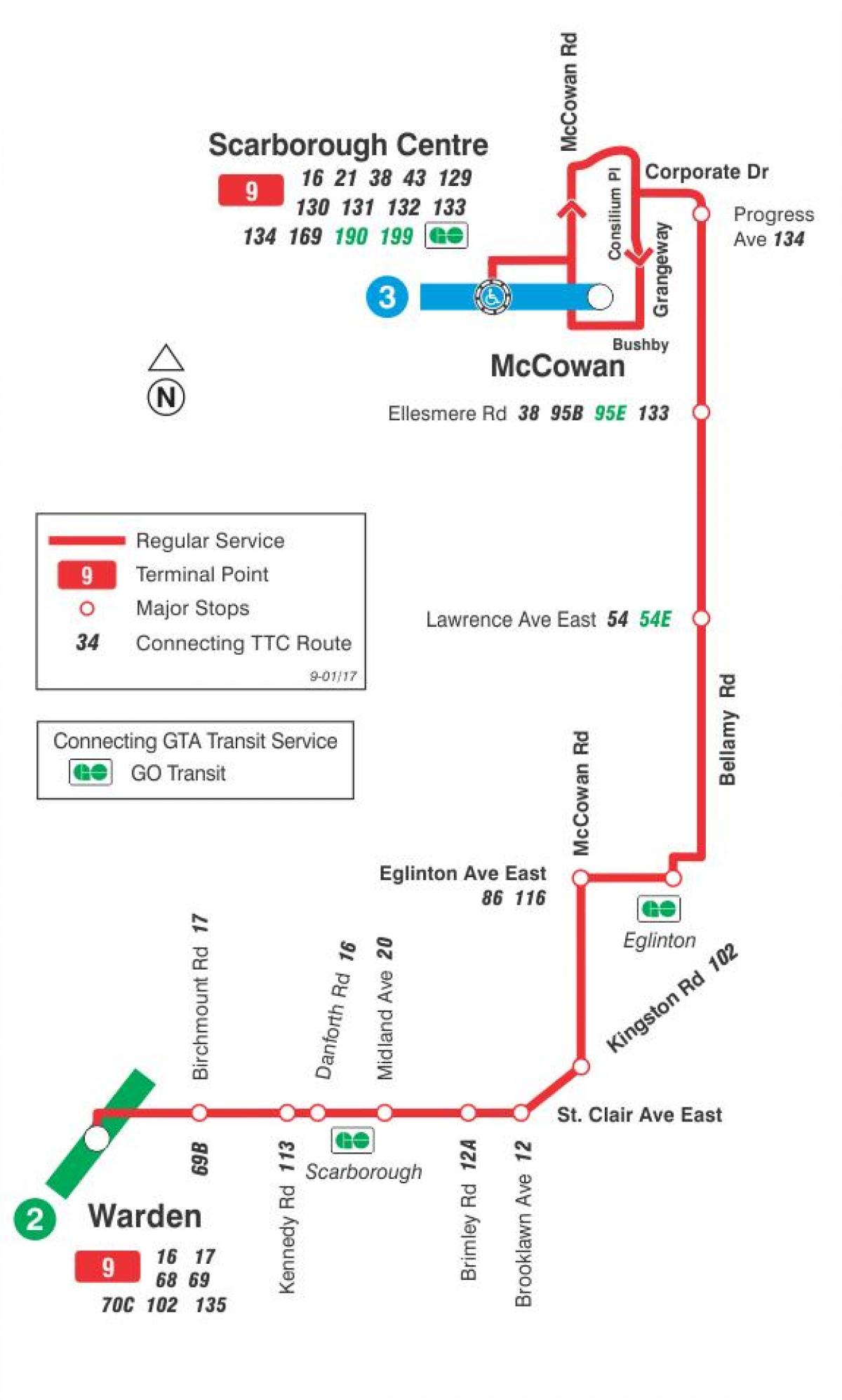 Kaart van TTC 9 Bellamy bus route Toronto