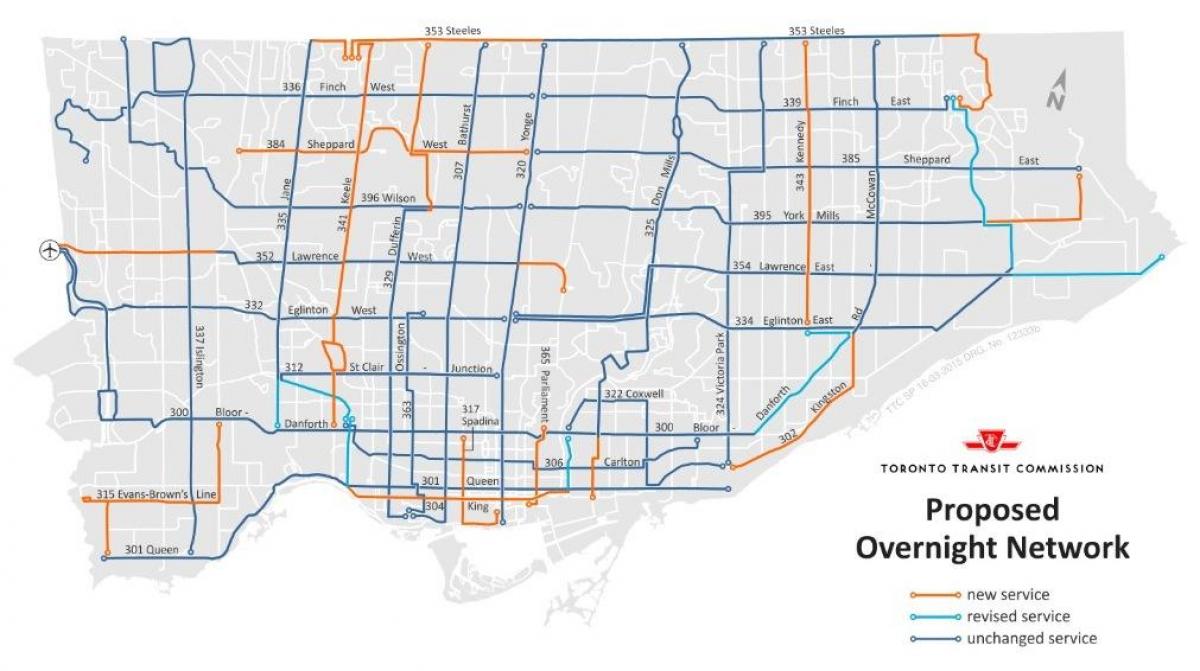 Kaart van TTC overnachting netwerk Toronto