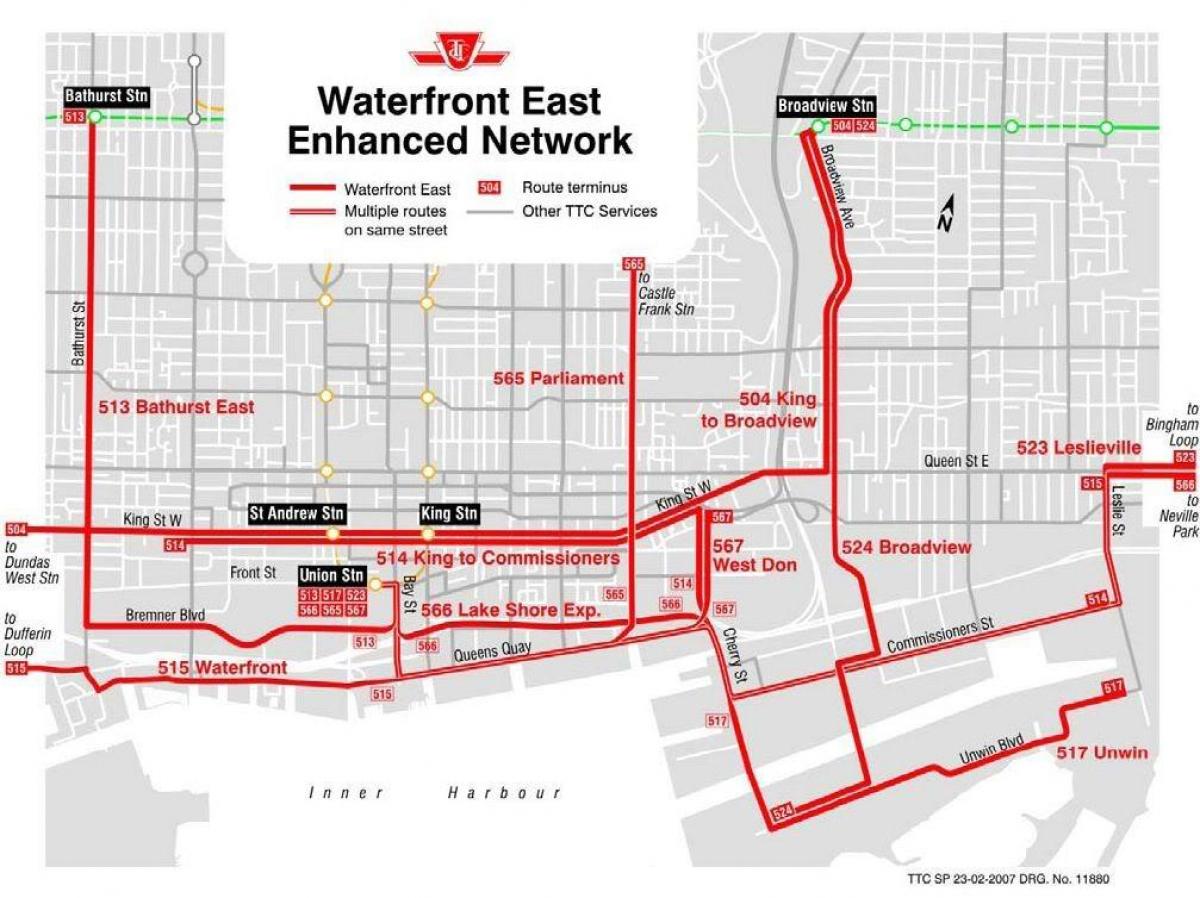 Kaart van Waterfront-Oosten versterking van het netwerk, Toronto