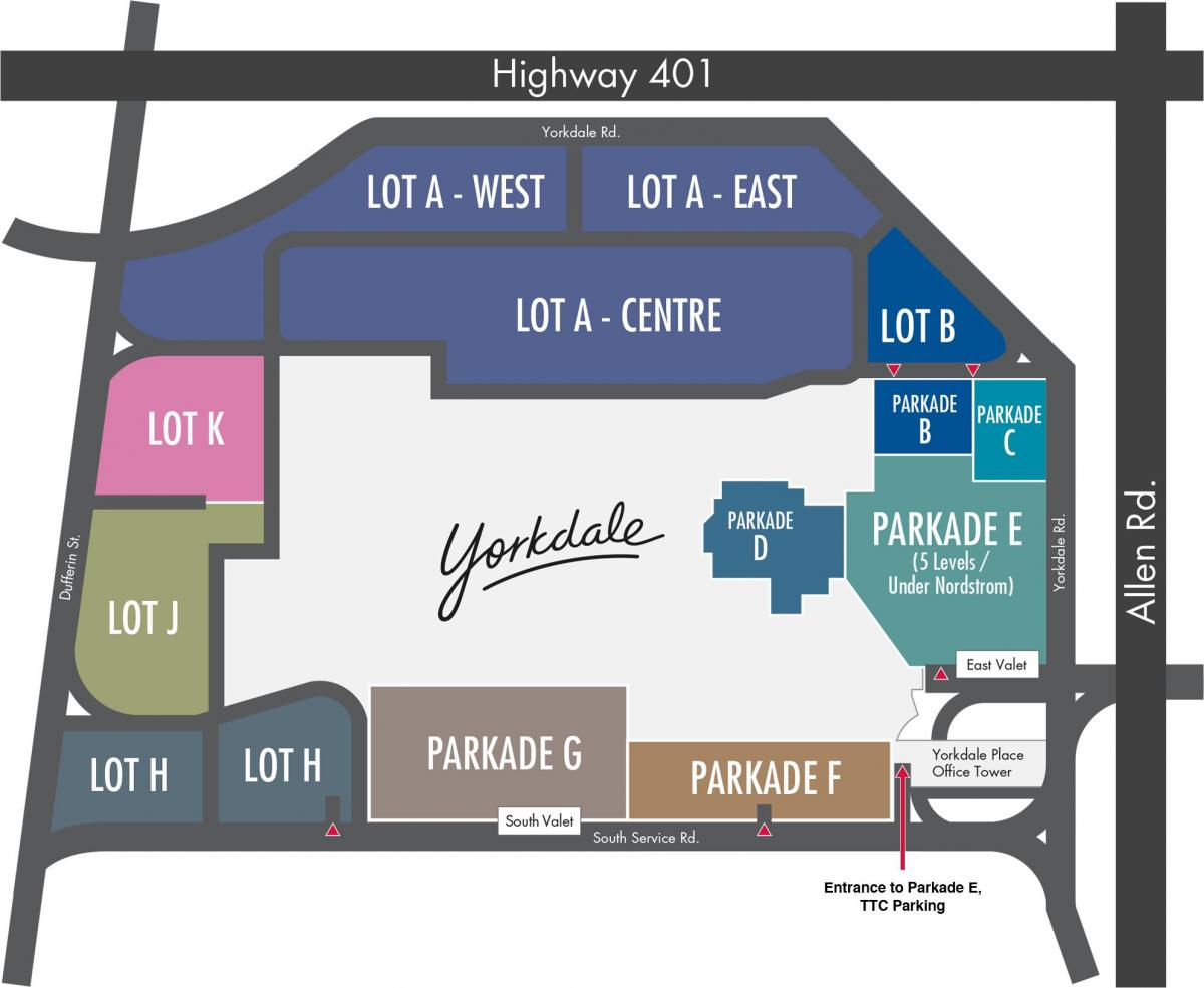 Kaart van Yorkdale Winkelcentrum parkeren