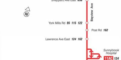 Kaart van TTC 11 Bayview bus route Toronto