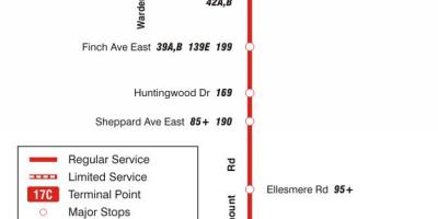 Kaart van TTC 17 Birchmount bus route Toronto