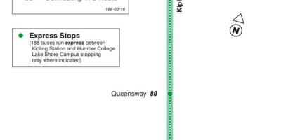 Kaart van TTC 188 Kipling Zuid-Raket bus route Toronto