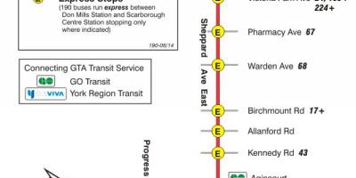 Kaart van TTC 190 Scarborough Centre Raket bus route Toronto