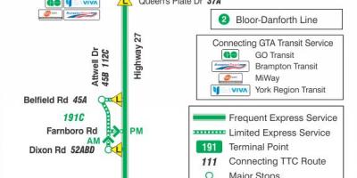 Kaart van TTC 191 Highway 27 Raket bus route Toronto