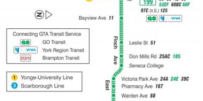 Kaart van TTC 199 Finch Raket bus route Toronto