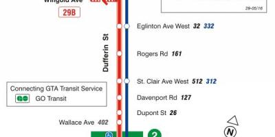 Kaart van TTC 29 Dufferin bus route Toronto