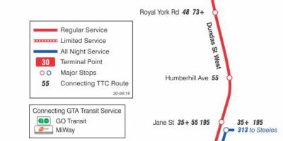 Kaart van TTC 30 Lambton bus route Toronto