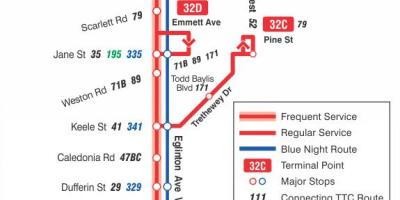Kaart van TTC 32 Eglinton West bus route Toronto
