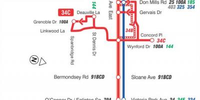 Kaart van TTC 34 Eglinton Oosten bus route Toronto