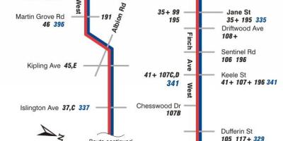Kaart van TTC 36 Finch West bus route Toronto