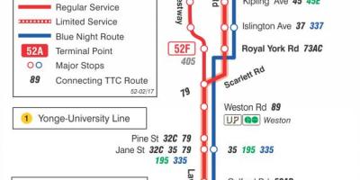 Kaart van TTC 52 Lawrence West bus route Toronto