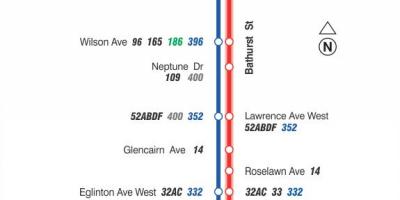 Kaart van TTC 7 Bathurst bus route Toronto