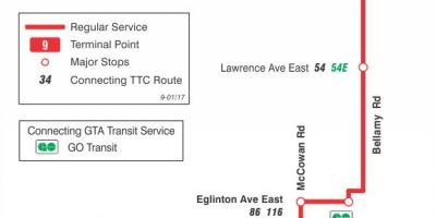 Kaart van TTC 9 Bellamy bus route Toronto