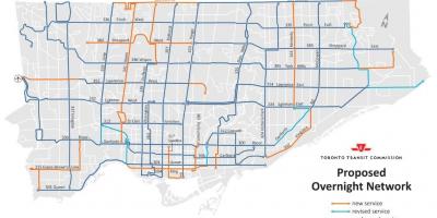 Kaart van TTC overnachting netwerk Toronto